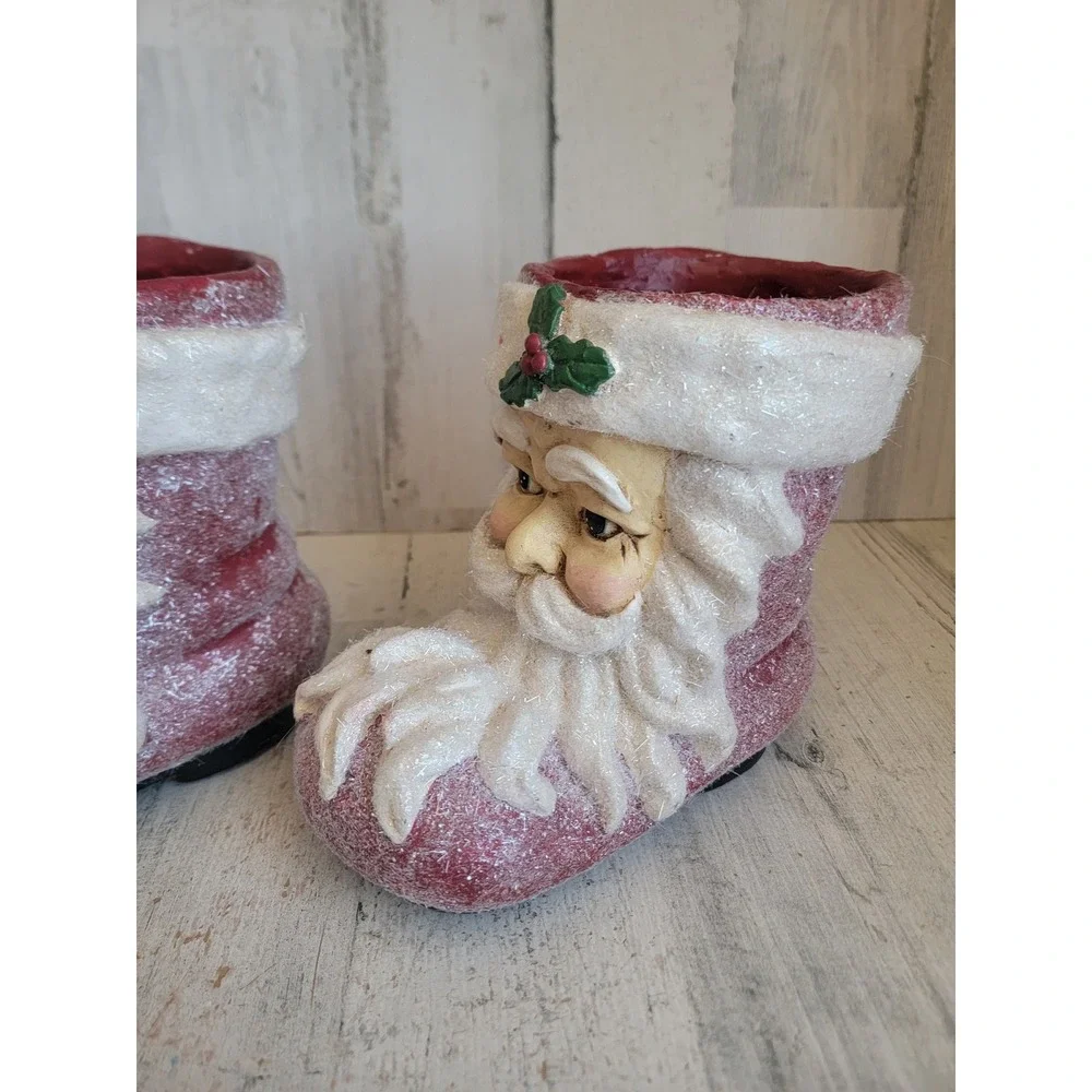 vintage Raz paper mache sugared Santa Claus boot shoes unique set glitter Xmas